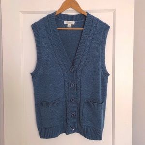 Blue knit button down sweater vest. Grandpa style. Large Size 14-16. Cable knit